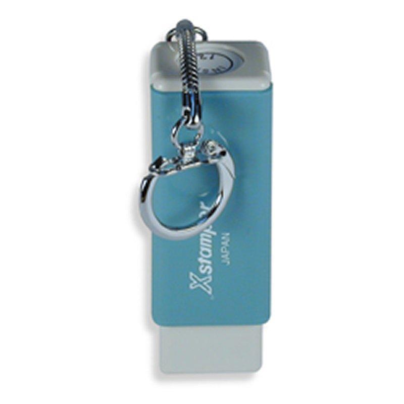 Blue keychain USB flash drive for portable data storage and file backup, featuring a metal ring and lanyard clip.