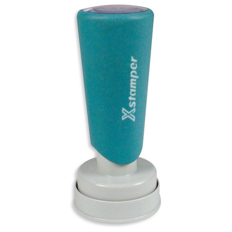 Xstamper ink stamp with teal cylindrical handle and white logo, product for labeling and marking documents.