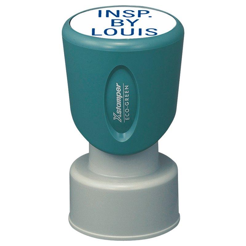 Insp-by Louis teal handheld stamp labeled XL-5000Xpress for quality inspection and document approval on cards and paperwork.
