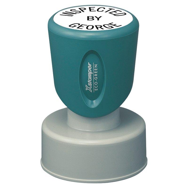 Teal Eco-Green self-inking stamp labeled Inspected by George for warehouse quality control document verification stamping