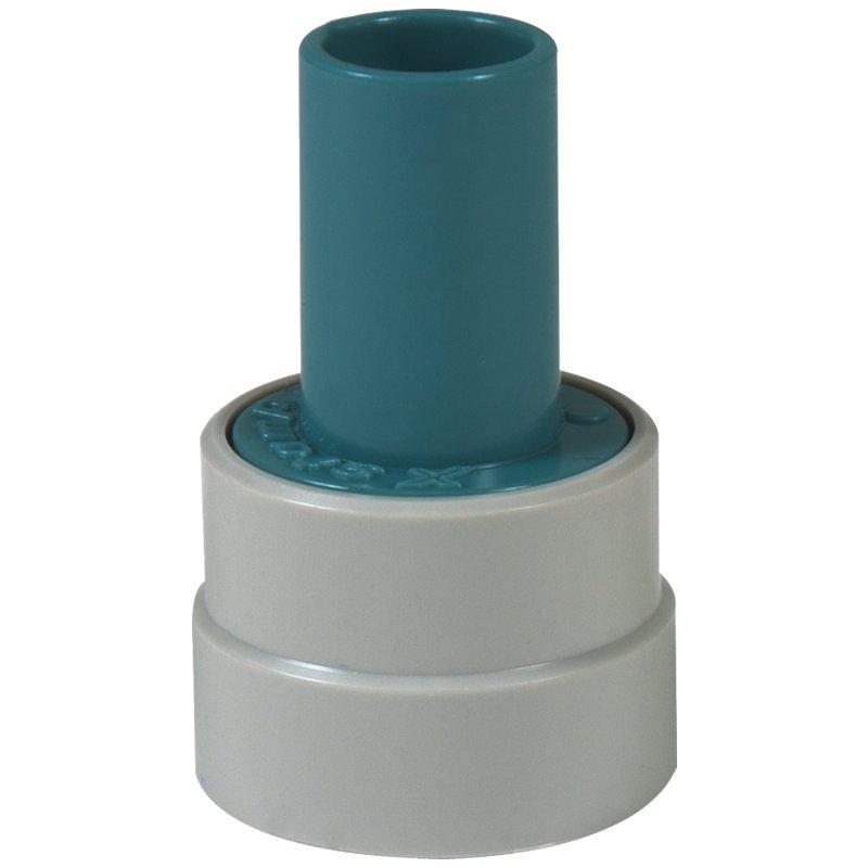 Teal and gray plastic tubing connector fitting with open port for secure hose connection in home plumbing and irrigation applications