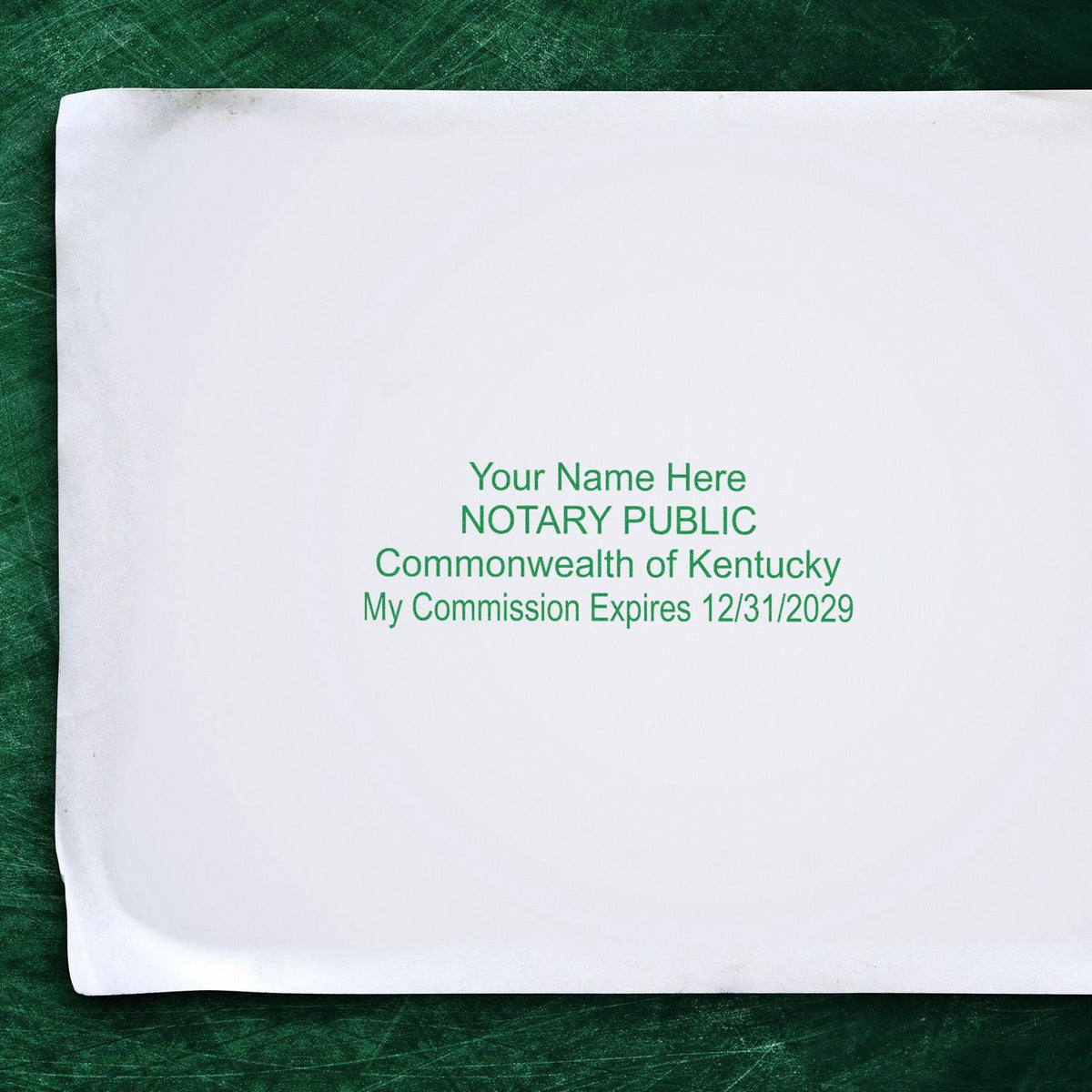 Kentucky notary public certificate sample with commission expiration date on white paper over green background