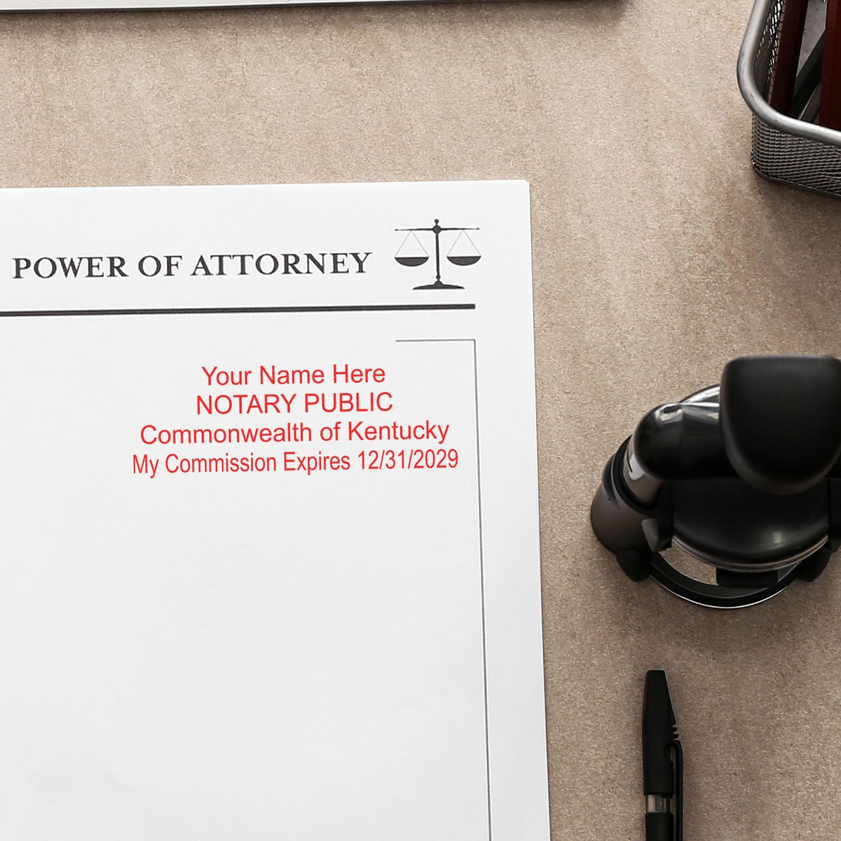 Power of attorney document with Kentucky notary public stamp and office seal on desk, legal paperwork for notarization.