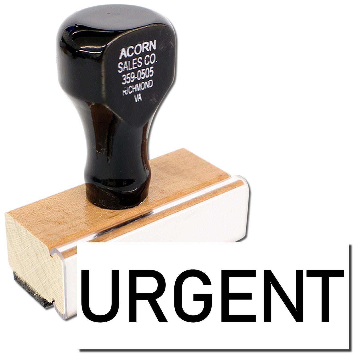 Acorn Sales Co. 359-0505 Richmond VA black handle on wood block with Urgent label, product branding close-up.