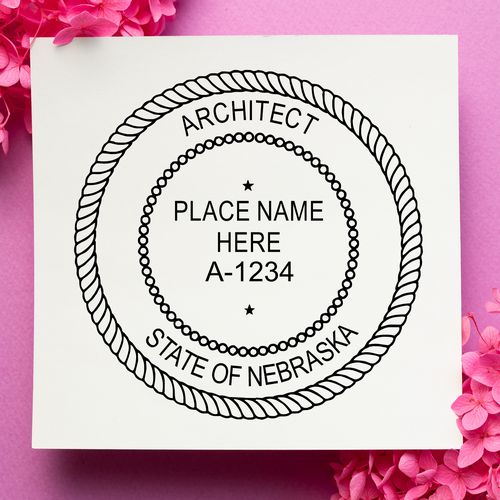 Architect seal template with “Place Name Here A-1234” and “State of Nebraska” on a pink floral background