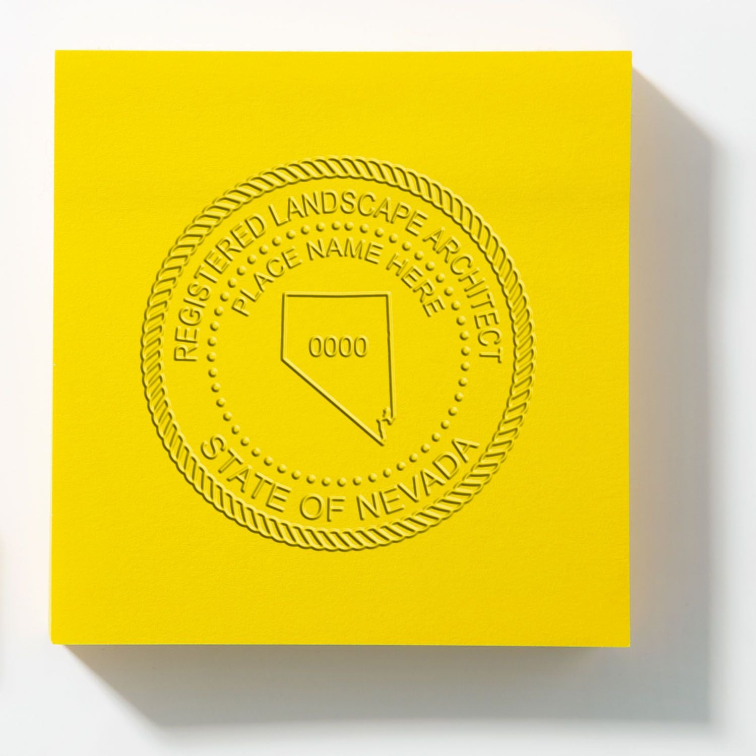 Bright yellow embossed Nevada Registered Landscape Architect certificate with state seal and placeholder text.