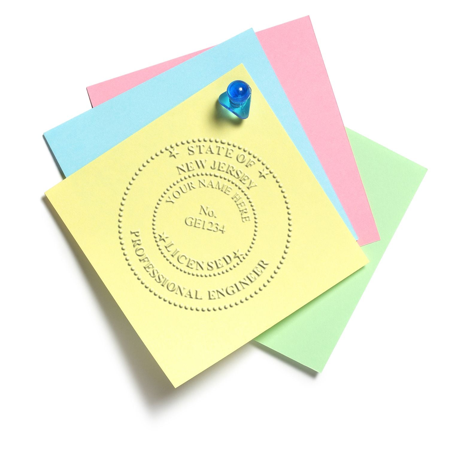 Pastel sticky notes with a New Jersey licensed professional engineer embossing seal stamp.