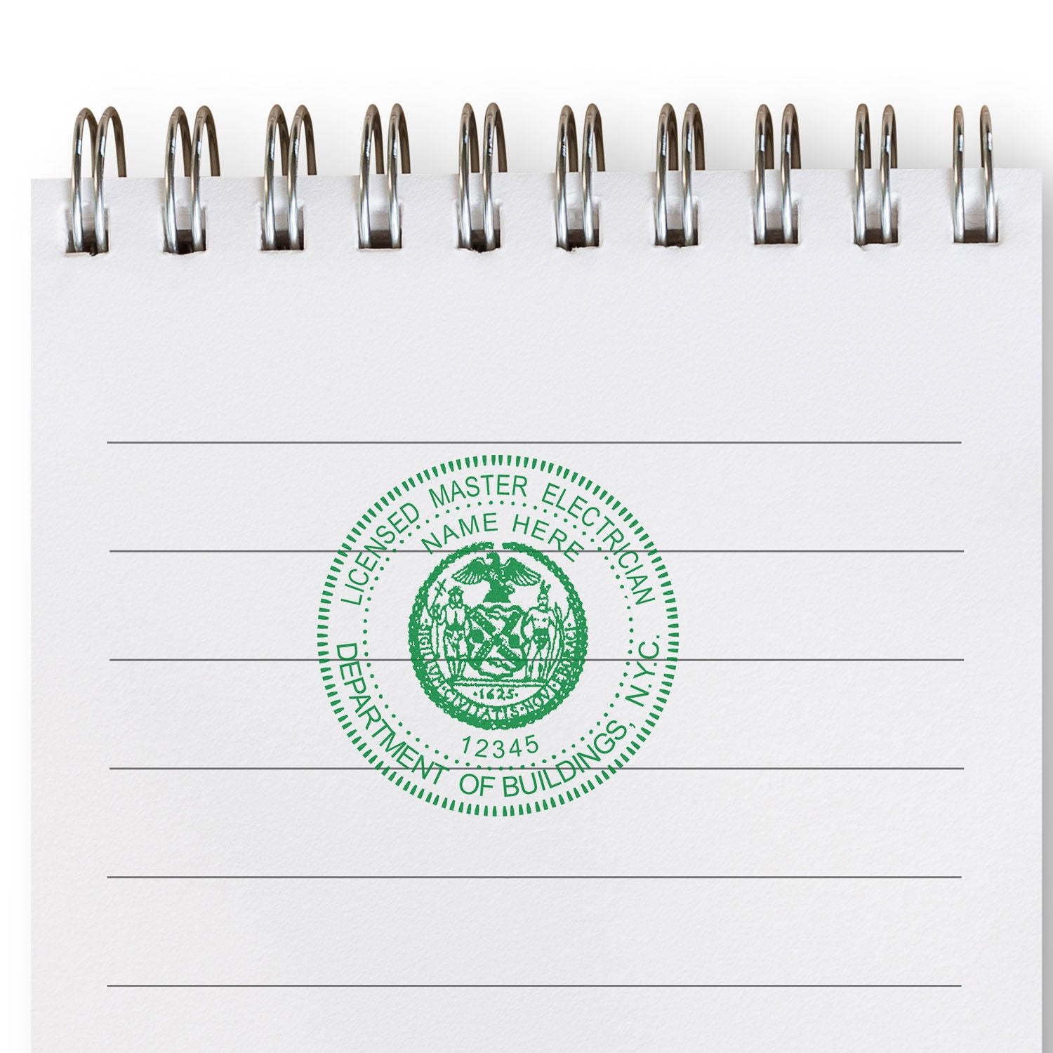 Spiral notebook page with New York City Department of Buildings licensed master electrician stamp and blank ruled lines.