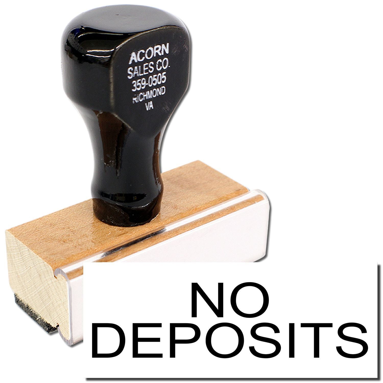 Acorn Sales Co. stamp on wood block with NO DEPOSITS promotional signno deposit offer.
