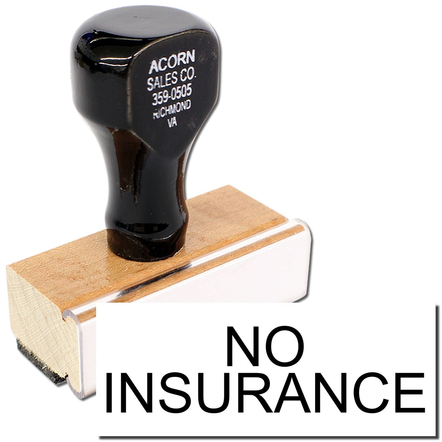 Acorn Sales Co. tool knob on wooden block with 'NO INSURANCE' warning overlay for insurance coverage and product disclaimer notice.