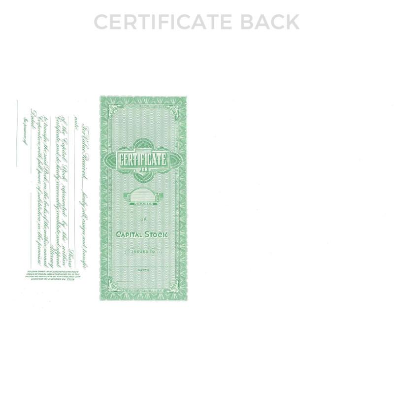 Back of green capital stock certificate document showing security print pattern and certificate label, stock ownership paperwork.