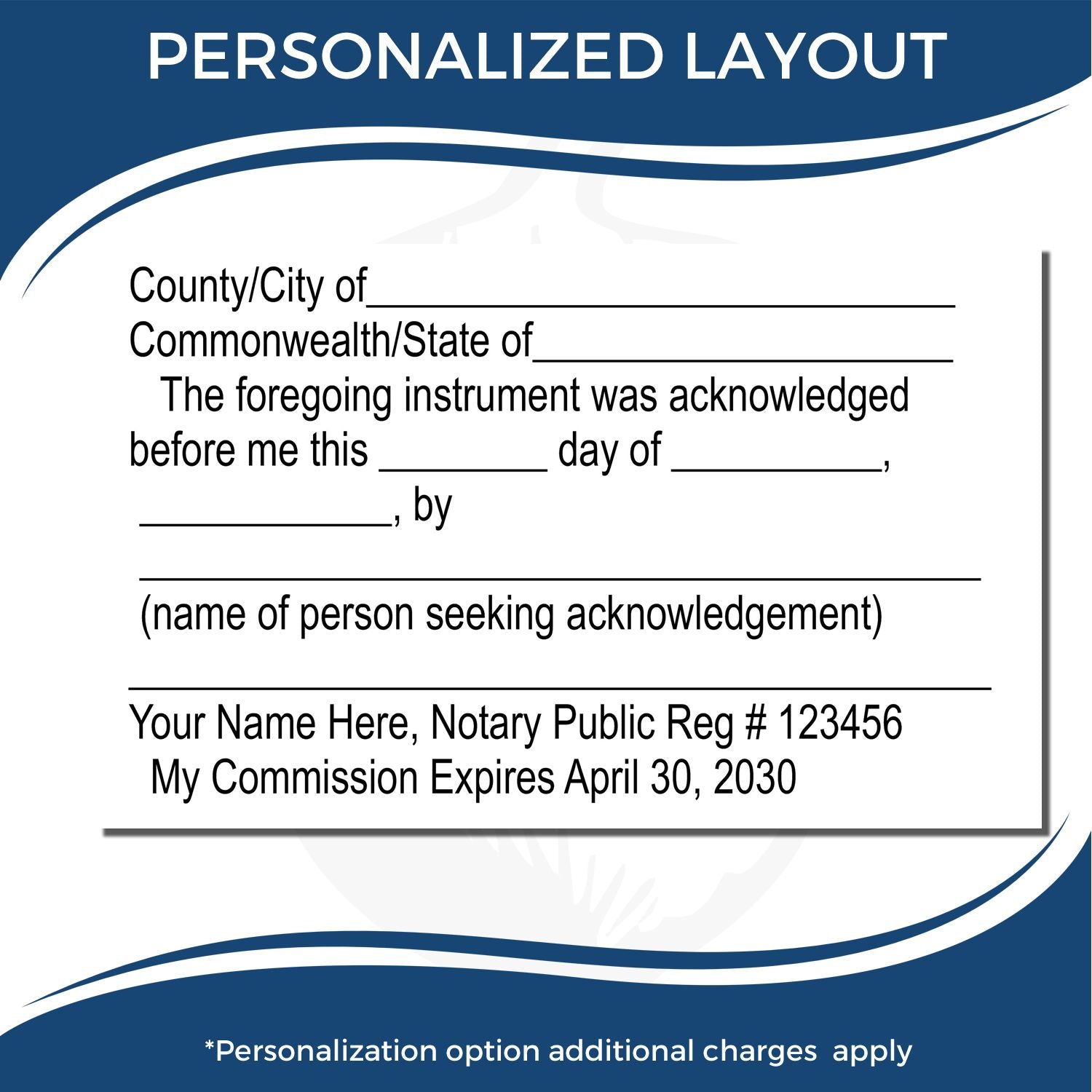 Personalized notary acknowledgment certificate template with county, state, date, and commission details fields.