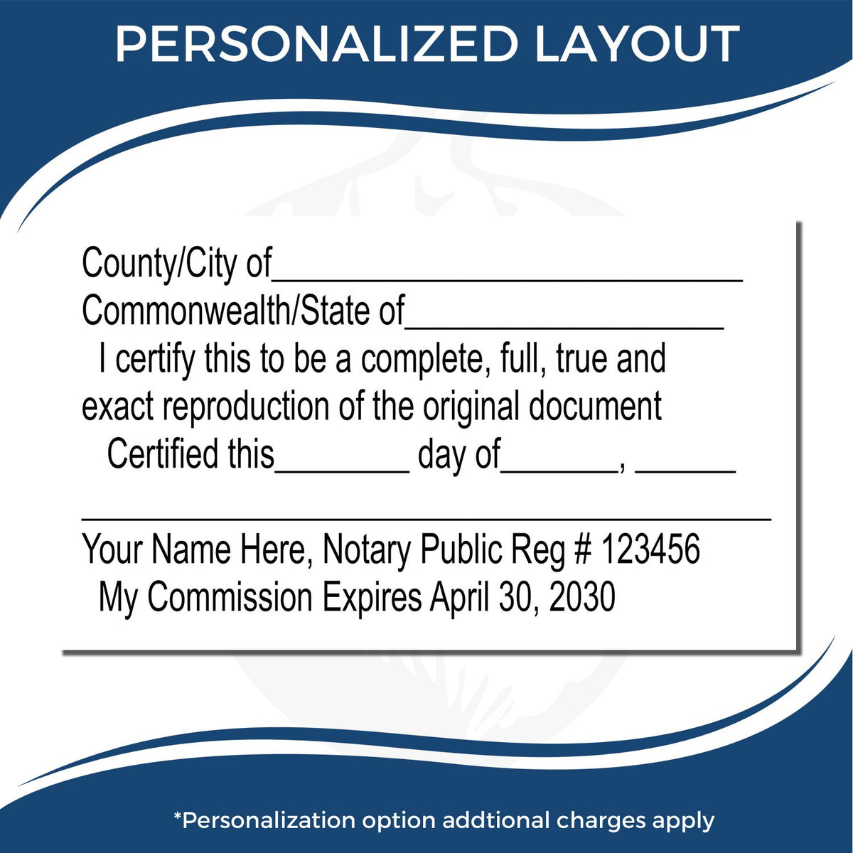 Personalized notary public certificate layout template with county and state fields, certification text, signature line, and commission expiration date.