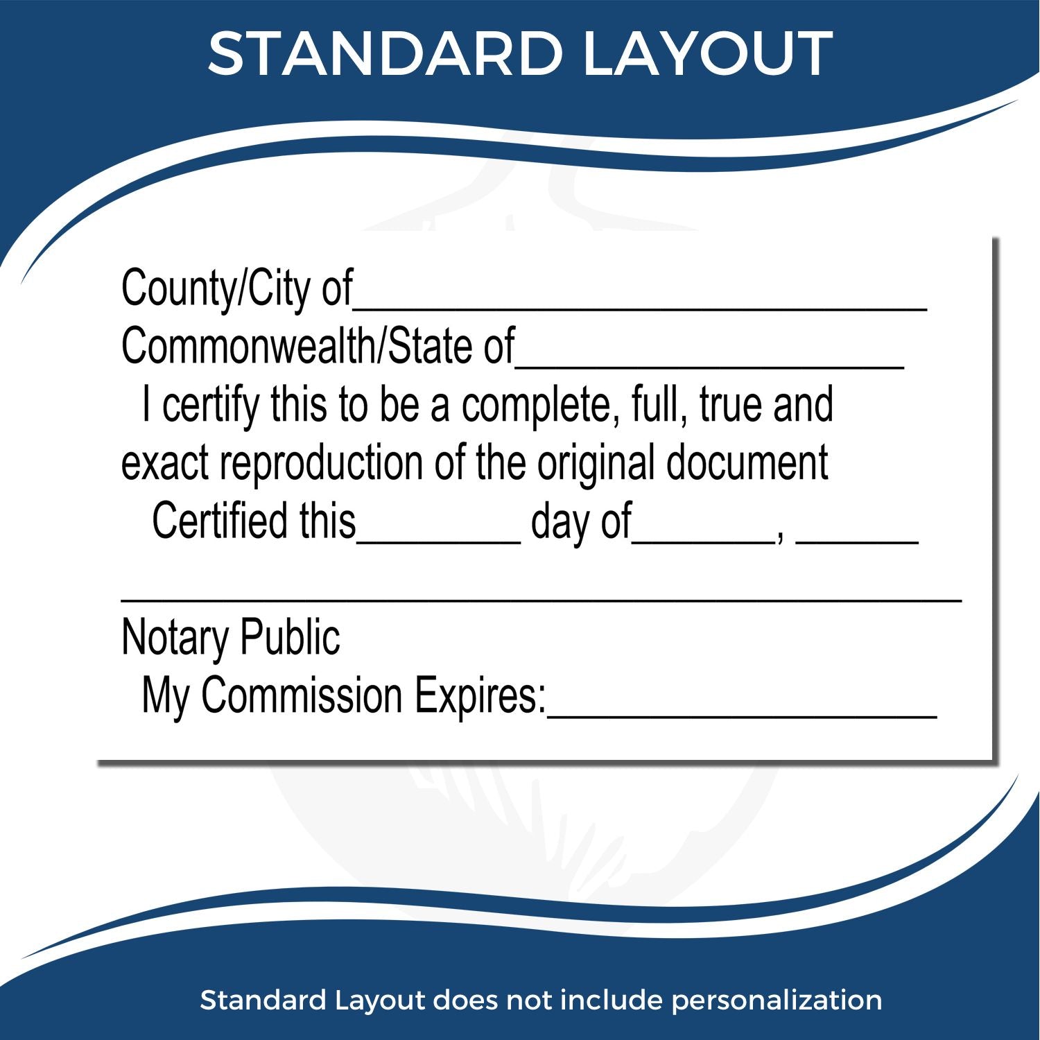 Standard notary public certificate template with county/state lines, certification statement, commission expiration, and blue decorative border layout.