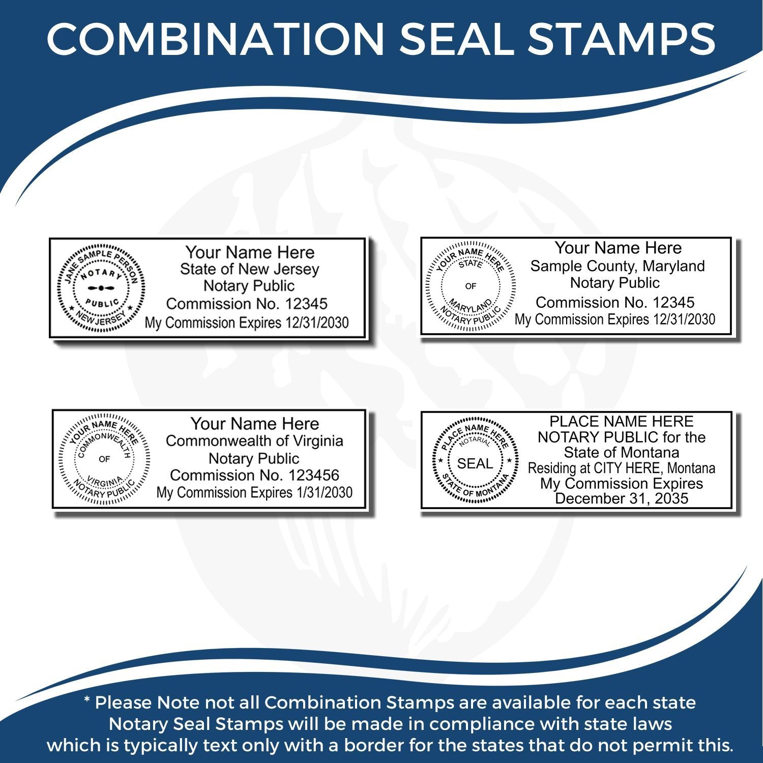 Combination seal stamps for notary public commissions, showing custom state-specific notary seal stamp examples for New Jersey, Maryland, Virginia, and Montana.