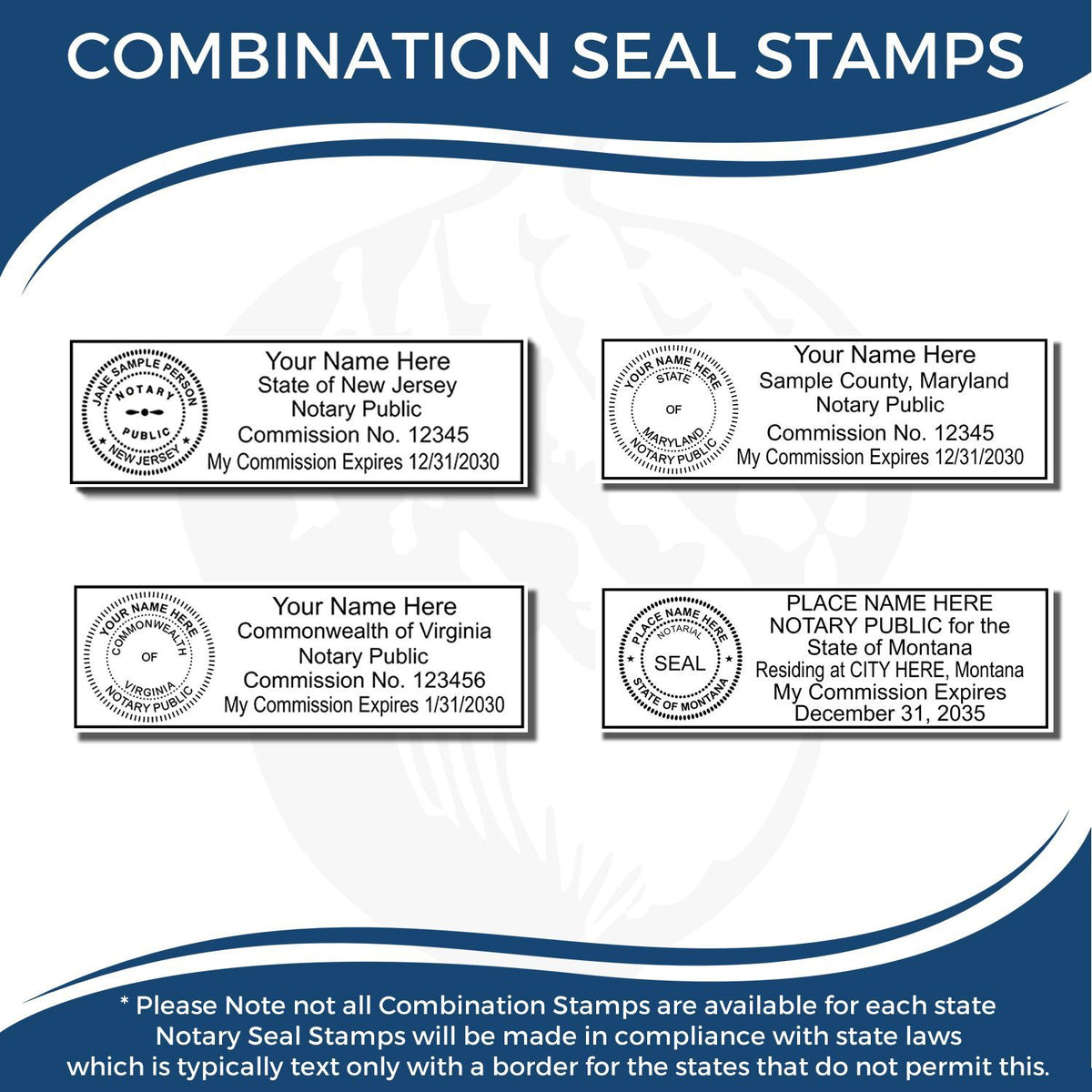 Combination seal stamps for notary public, featuring state-specific notary seal and commission examples for New Jersey, Maryland, Virginia, and Montana.