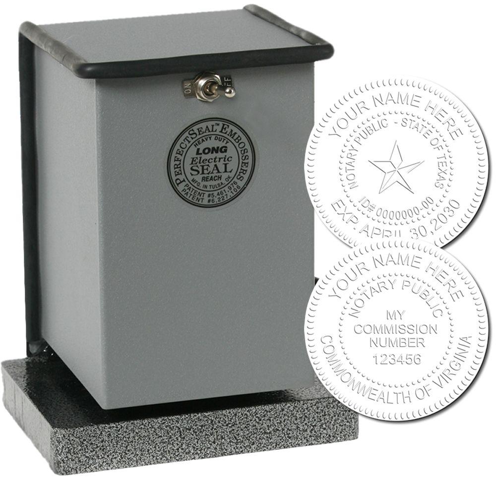 Electric notary seal embosser machine with sample embossed Texas and Virginia official seals on display.