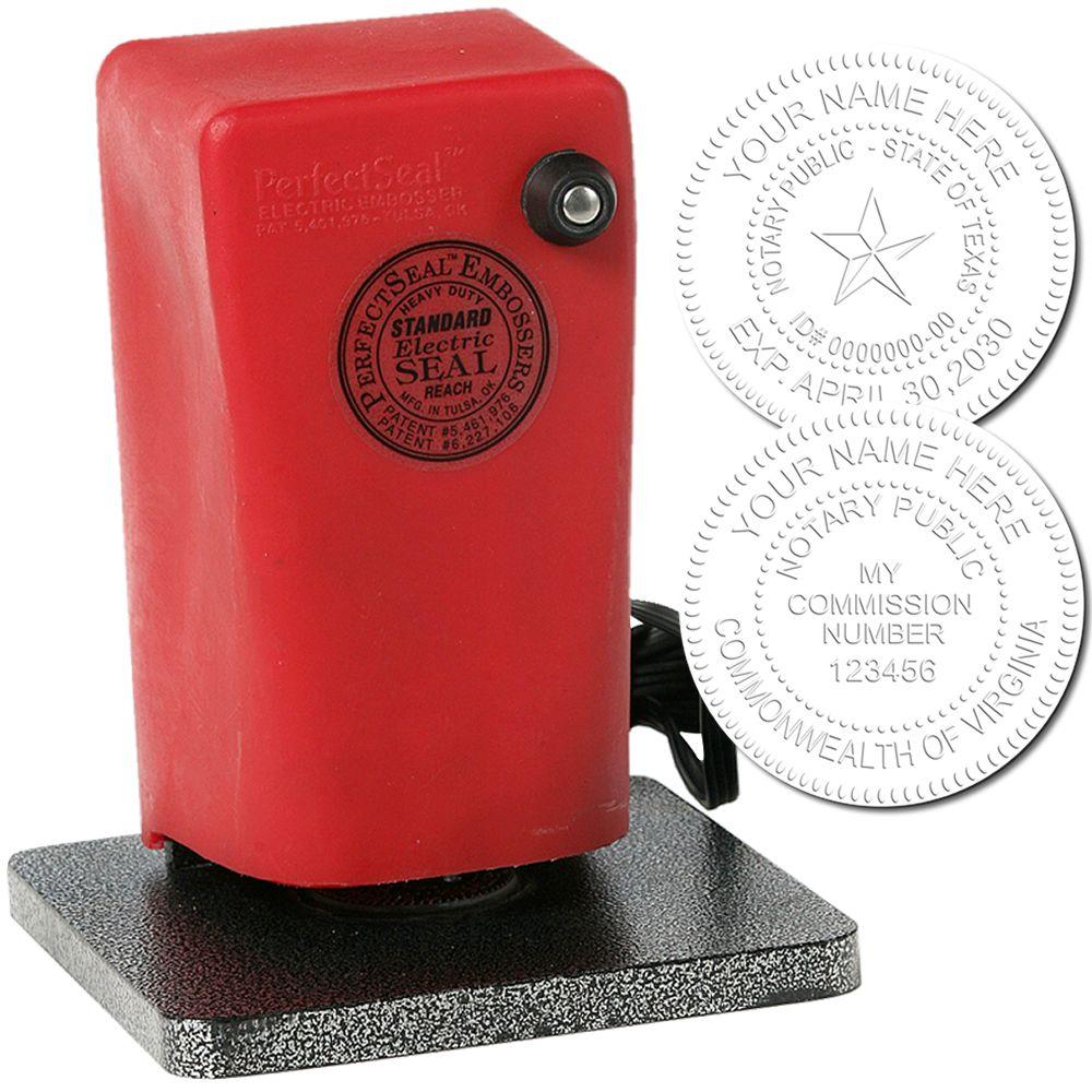 Red electric seal embosser for notary public and official document embossing with custom Texas and Virginia seal examples.
