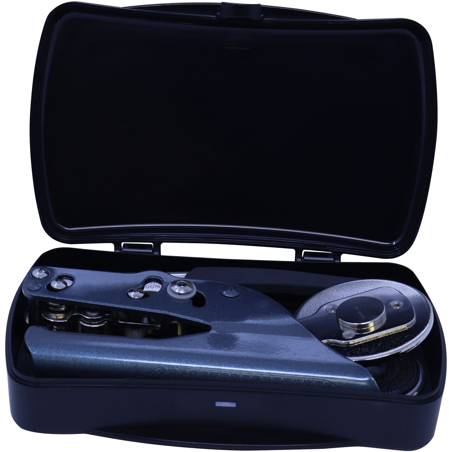 Open black hard case with a compact folded metal hand tool inside on a white background.