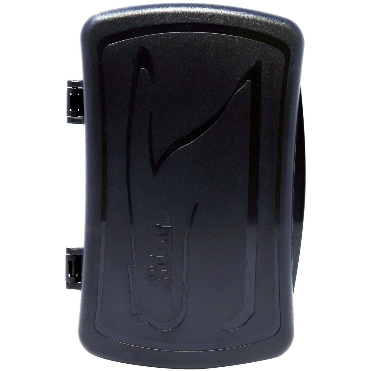 Black molded plastic automotive cover with mounting clips, isolated on white background