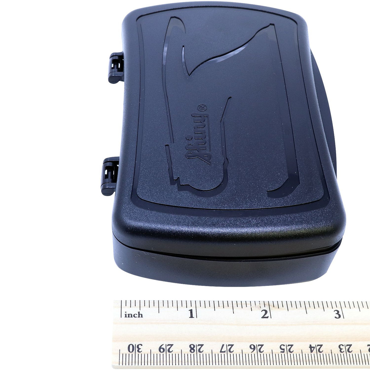 Black Spirit branded hard plastic storage case, product photo with ruler for size reference