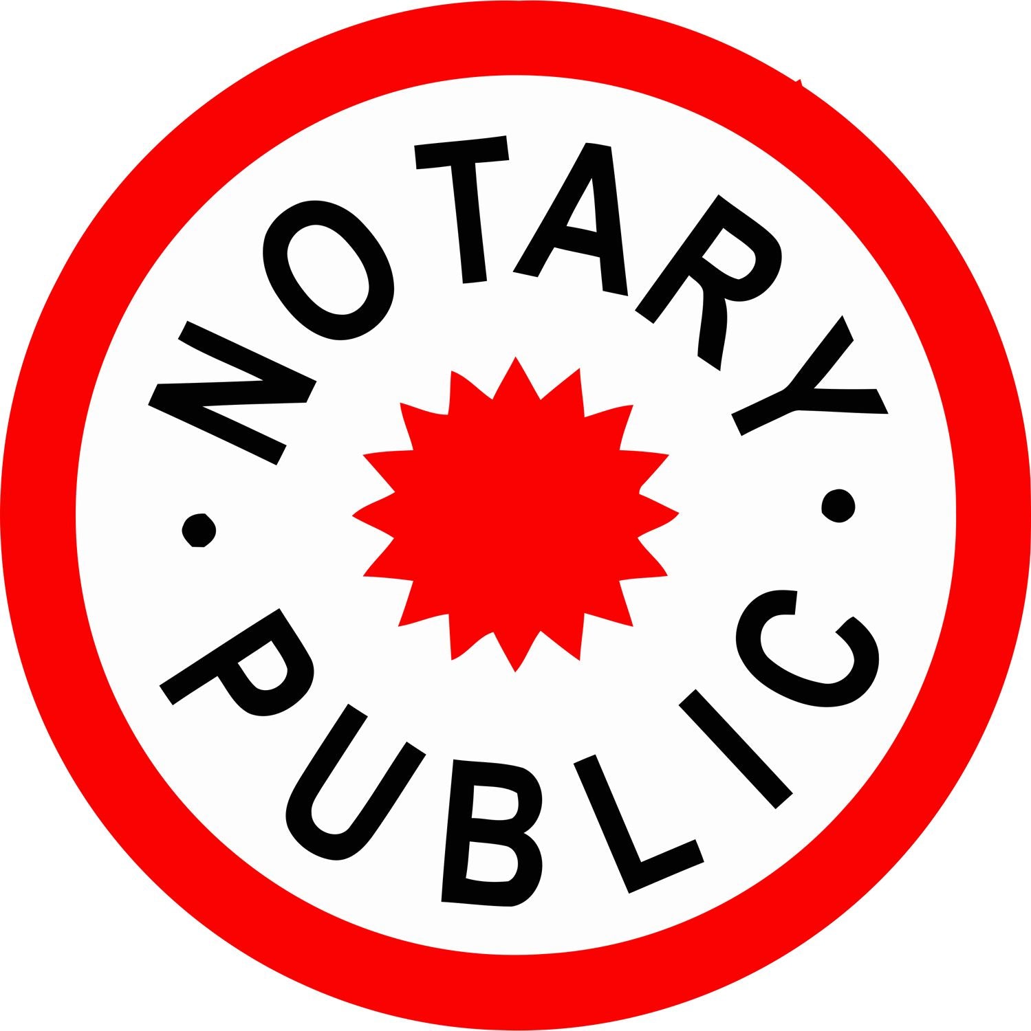 Notary Public logo with red circle, black lettering, and red starburst emblem