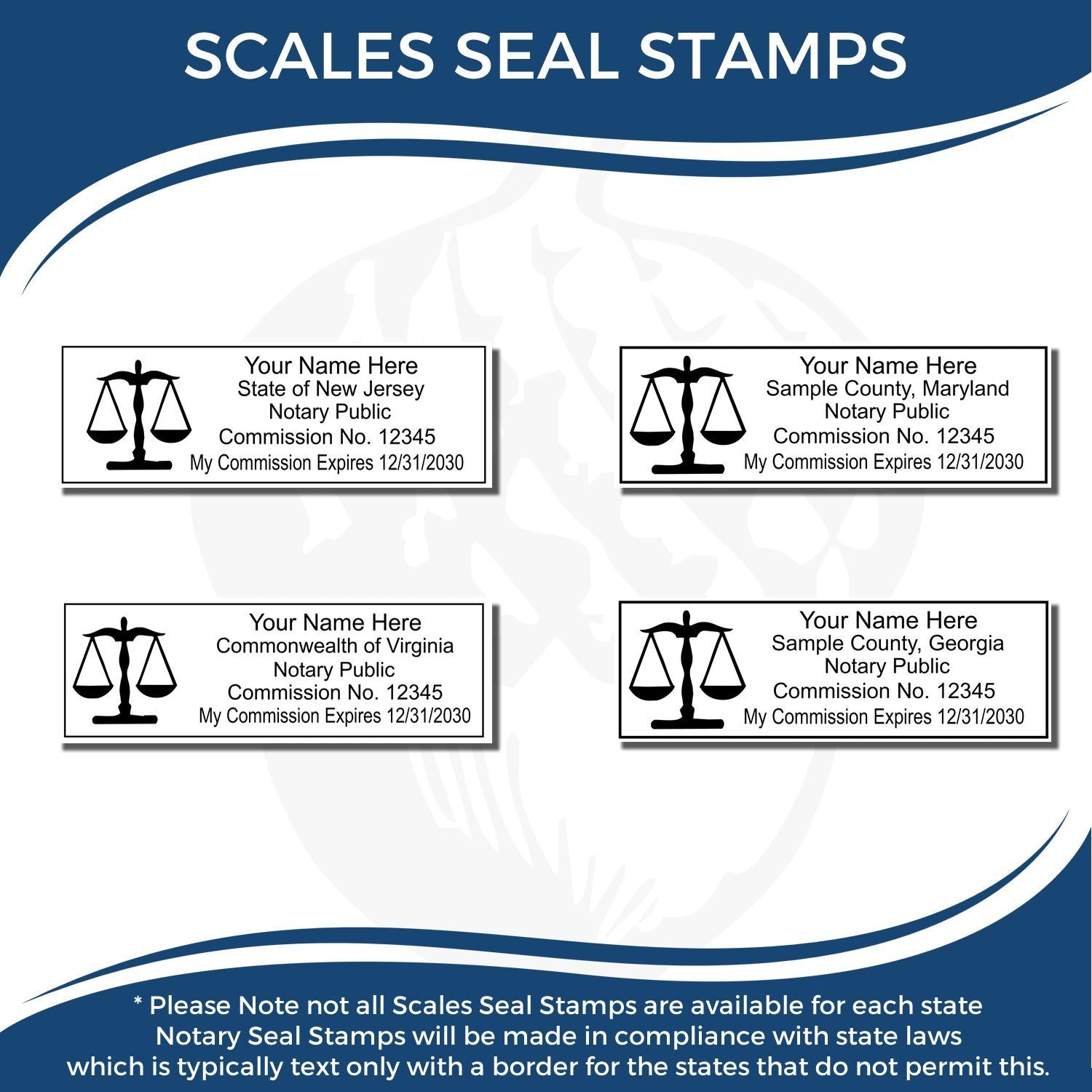 Scales seal stamps graphic showing customizable notary public seal stamp examples for New Jersey, Maryland, Virginia, and Georgia.