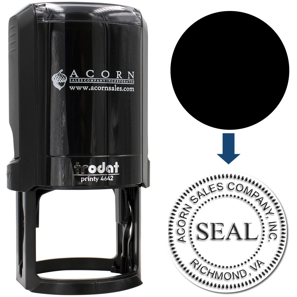 Black Trodat Printy 4642 self-inking custom seal stamp with Acorn Sales Company logo and round emboss-style imprint design.