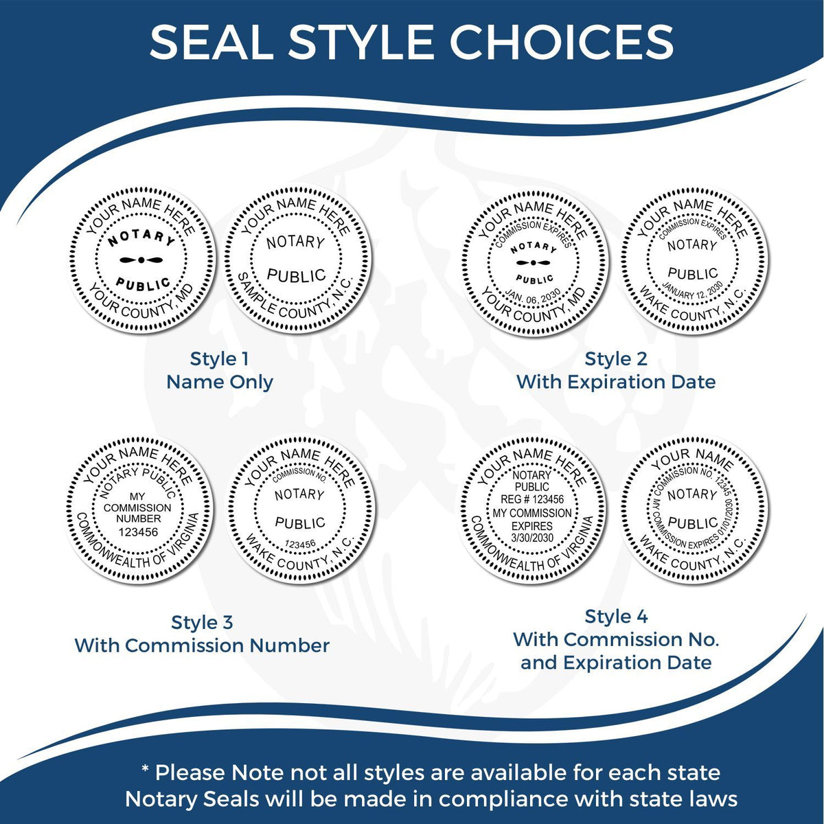 Seal style choices for Notary Public stamps, showing four customizable notary seal designs with name, expiration date, commission number, and state compliance options.