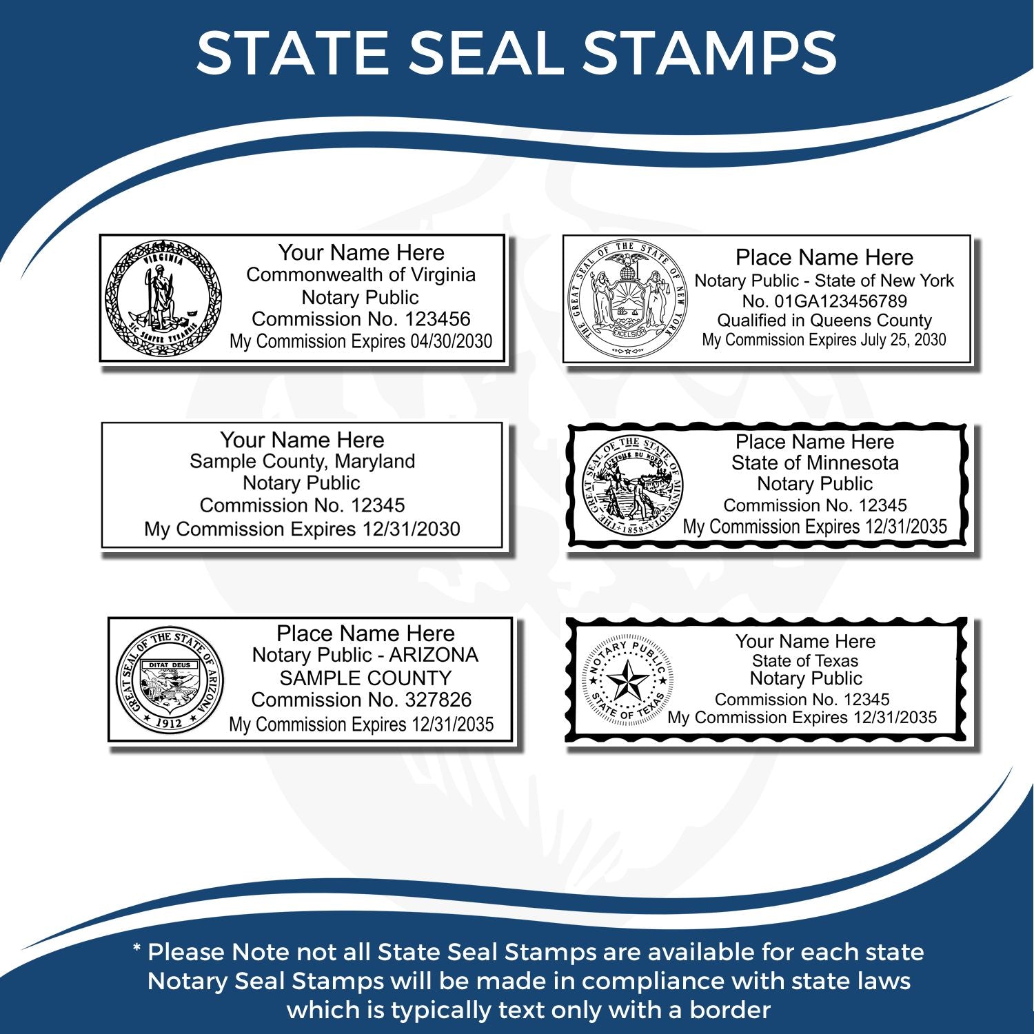 State seal stamps and notary public seal stamp examples for Virginia, New York, Maryland, Minnesota, Arizona, and Texas with customizable commission details.