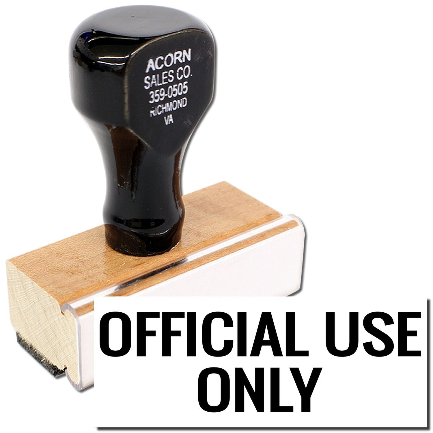 Black Acorn Sales Co. 359-0505 Richmond, VA rubber stamp on wooden block reading OFFICIAL USE ONLY for document security and compliance
