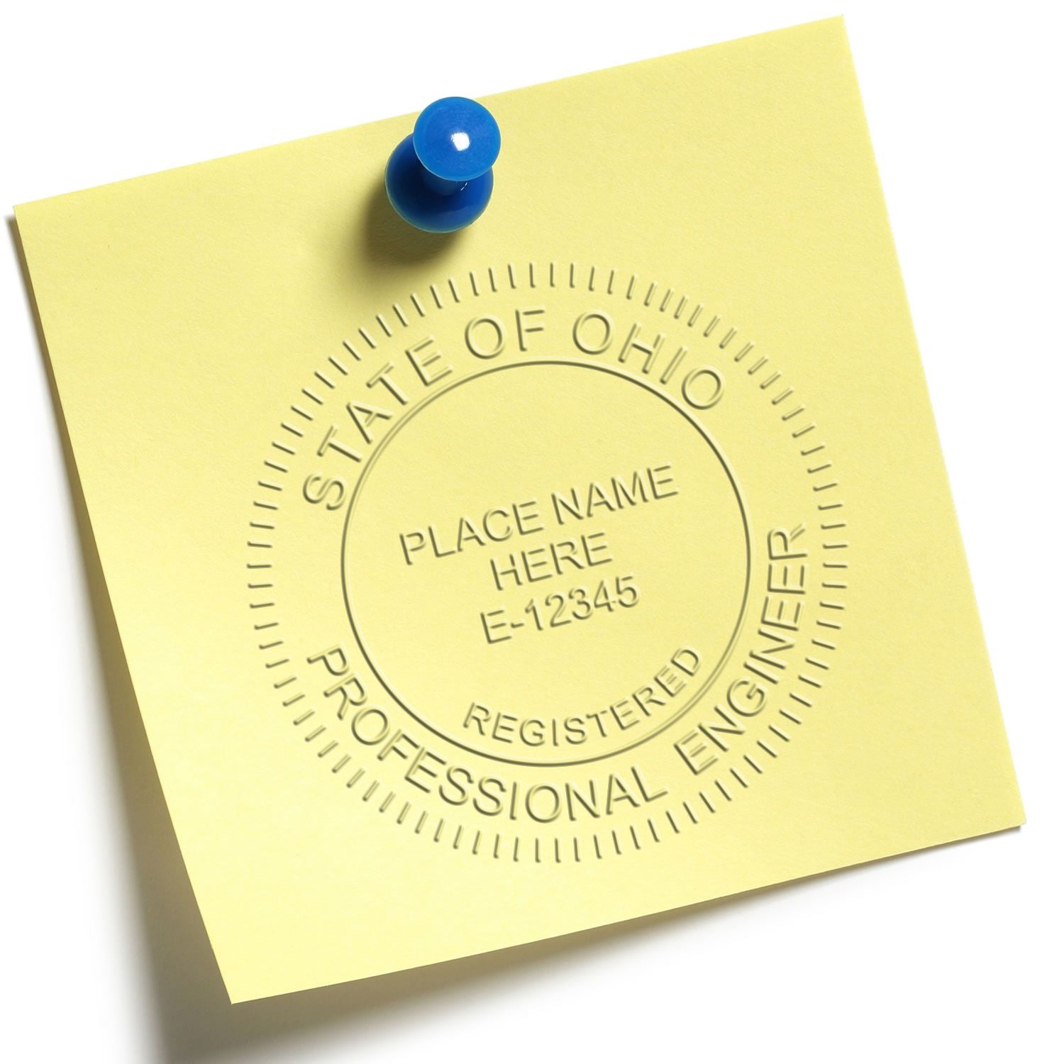 Yellow sticky note with embossed State of Ohio Professional Engineer seal and blue pushpin.