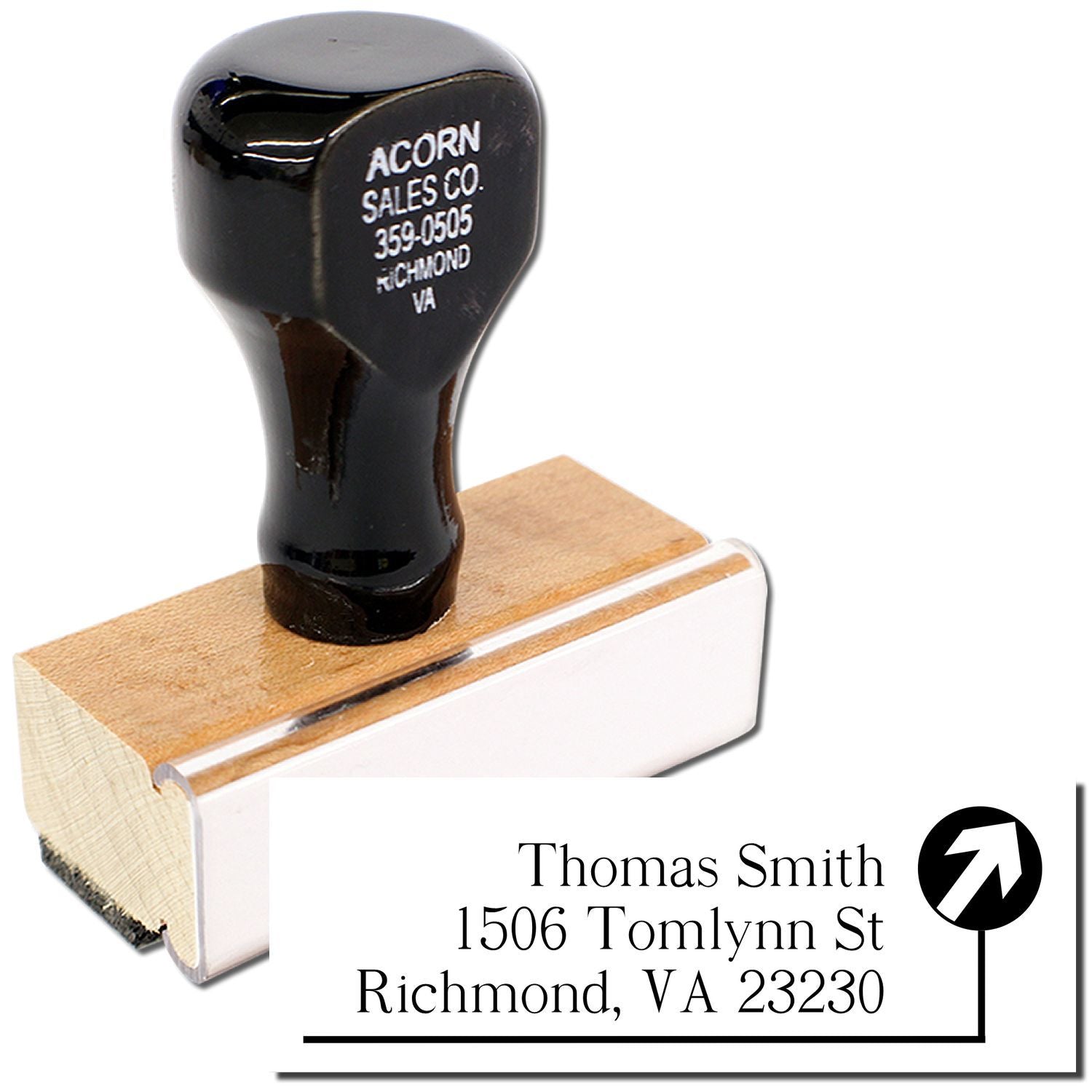 Custom address rubber stamp with Thomas Smith, Richmond VA return address for envelopes and business mail.