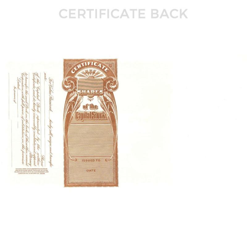 Back side of a vintage stock shares certificate document, showing certificate details, signatures, and issued date for investment records.