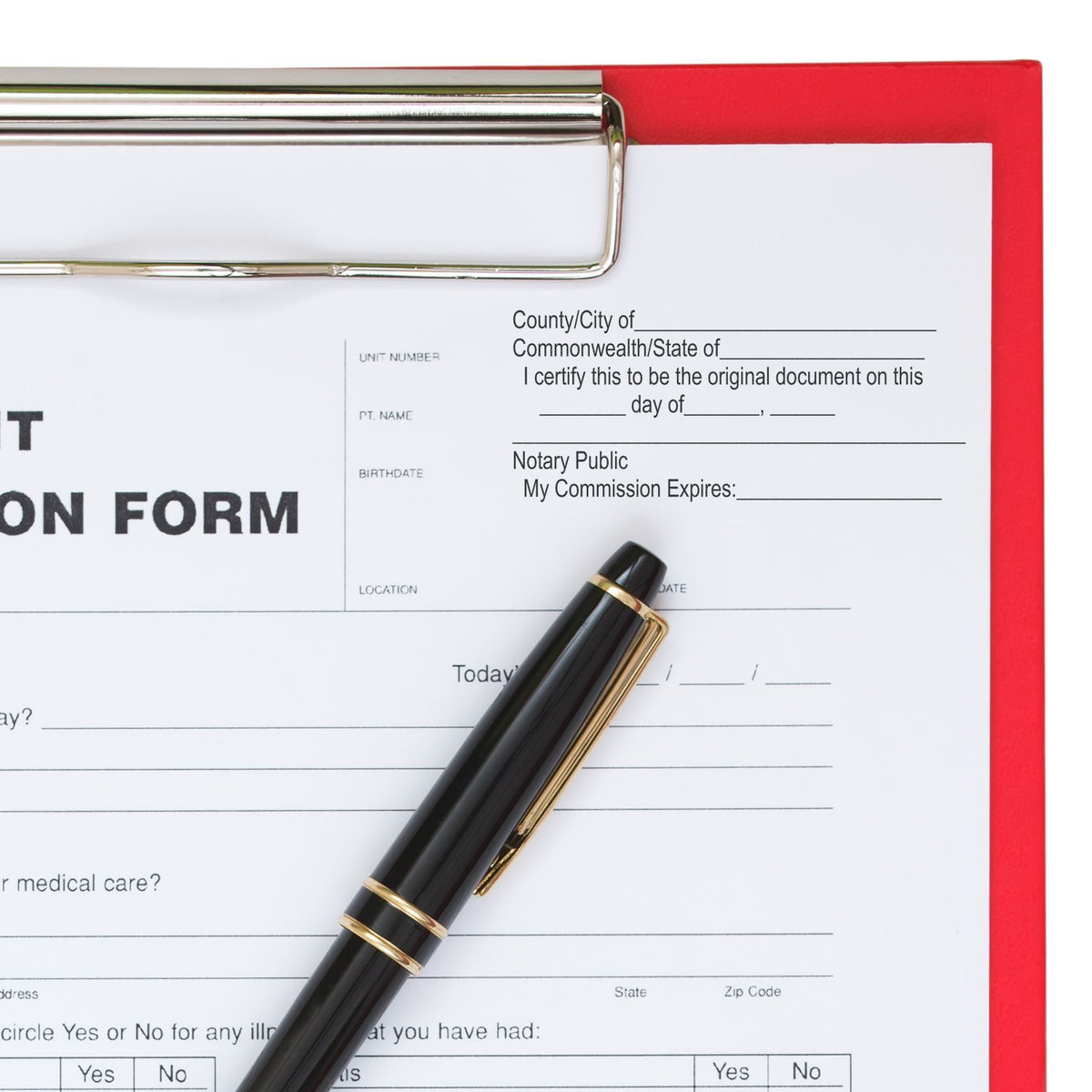 Clipboard with medical consent form, pen, and notary public certification document on a red folder.