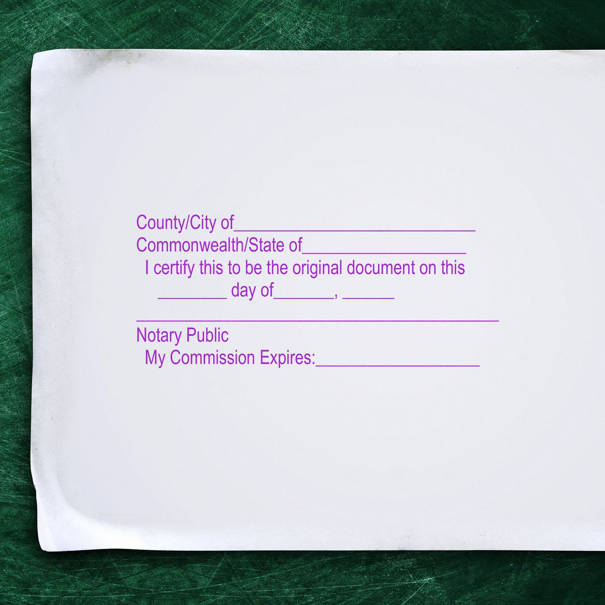 Blank notary public acknowledgment certificate form on green textured background with signature and commission expiration lines