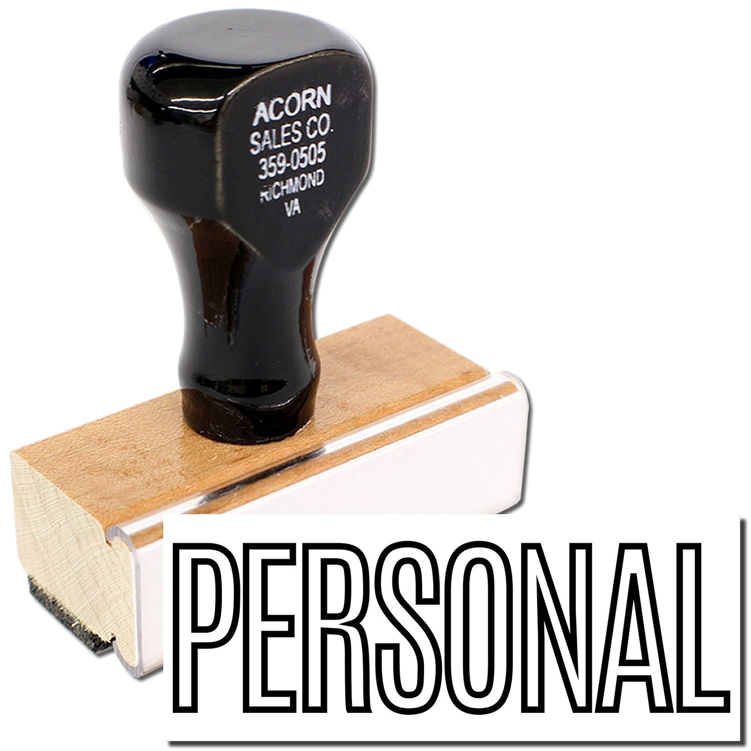 Personalized rubber stamp with Acorn Sales Co. handle on wood block for stamping documents and mail