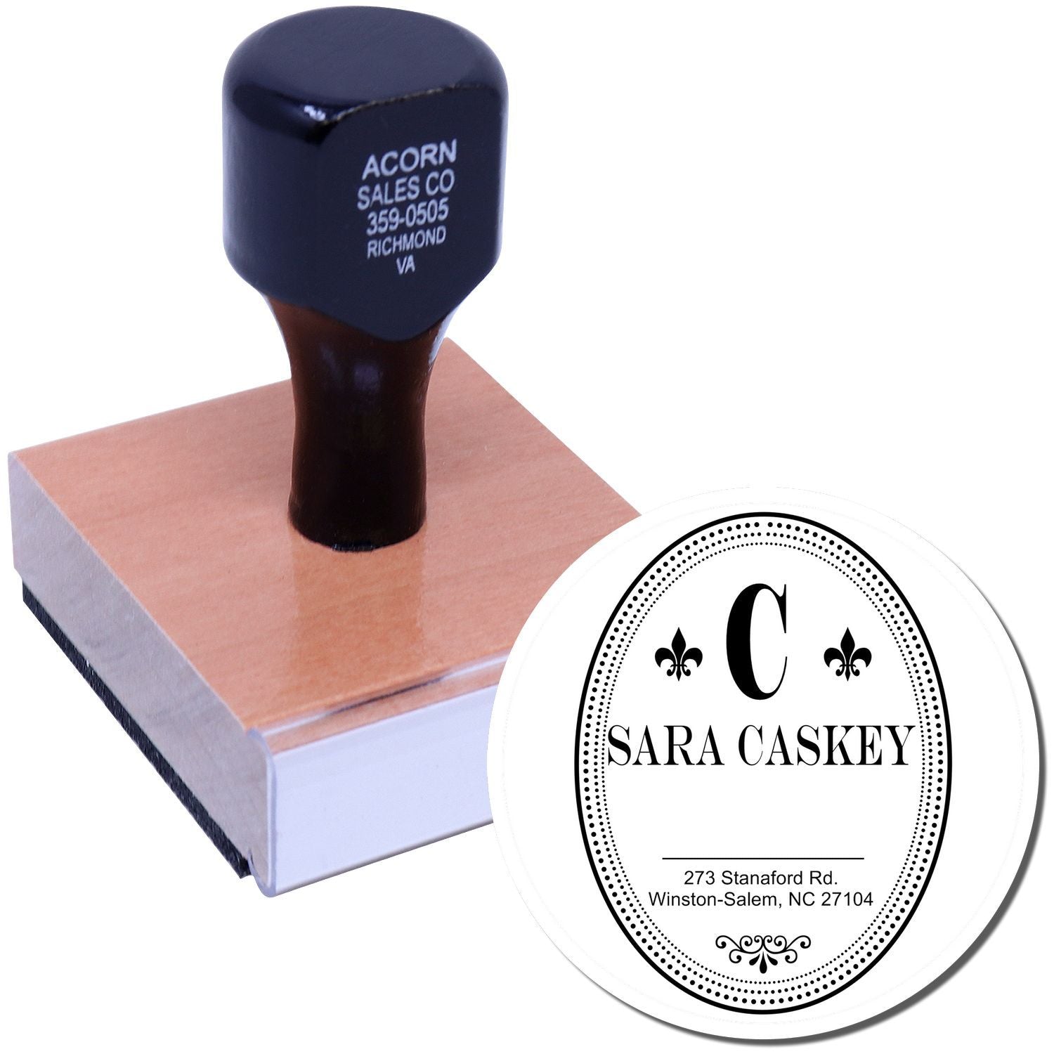Personalized address rubber stamp with monogram, used for business or return mailing imprints.