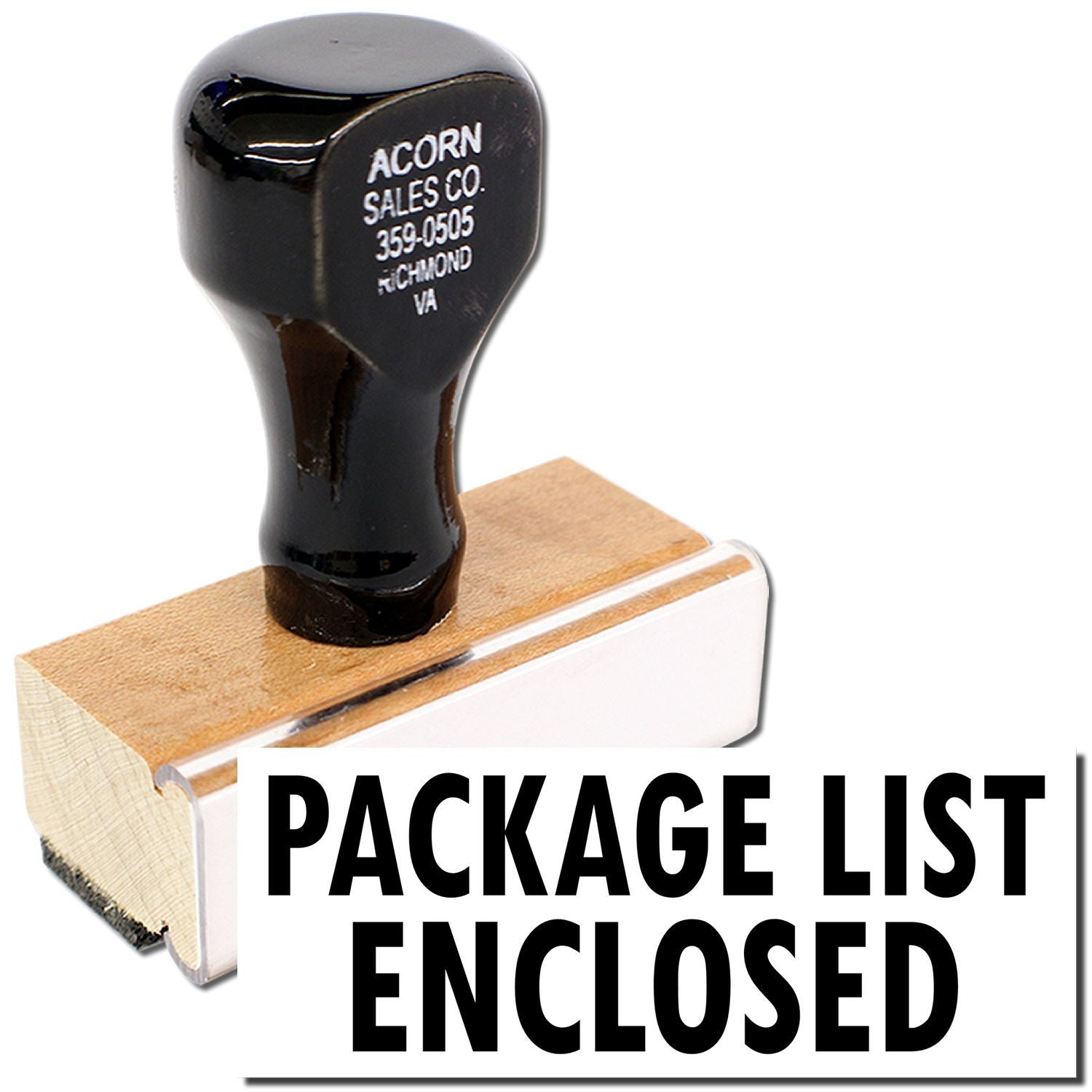 Acorn Sales Co. Richmond VA package list enclosed insert with black tool head on wood block, shipping paperwork.