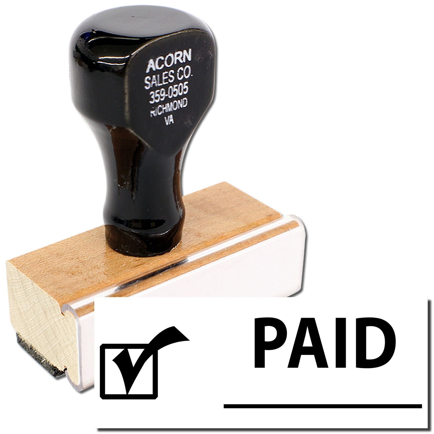 PAID rubber stamp on wooden handle featuring Acorn Sales Co. 359-0505, Richmond VA imprint.