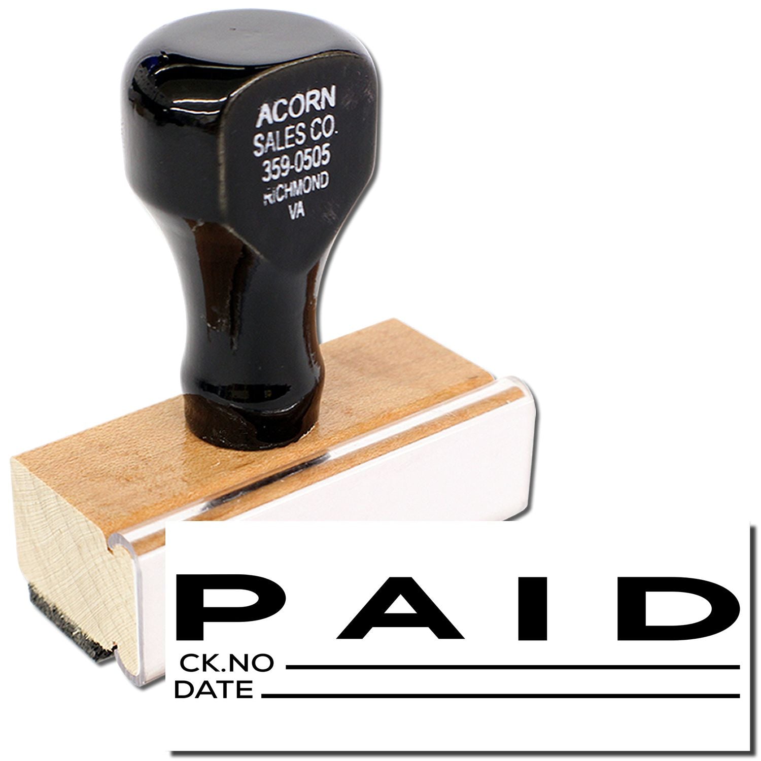 Acorn Sales Co. PAID rubber stamp with check number and date for bookkeeping and payment verification.
