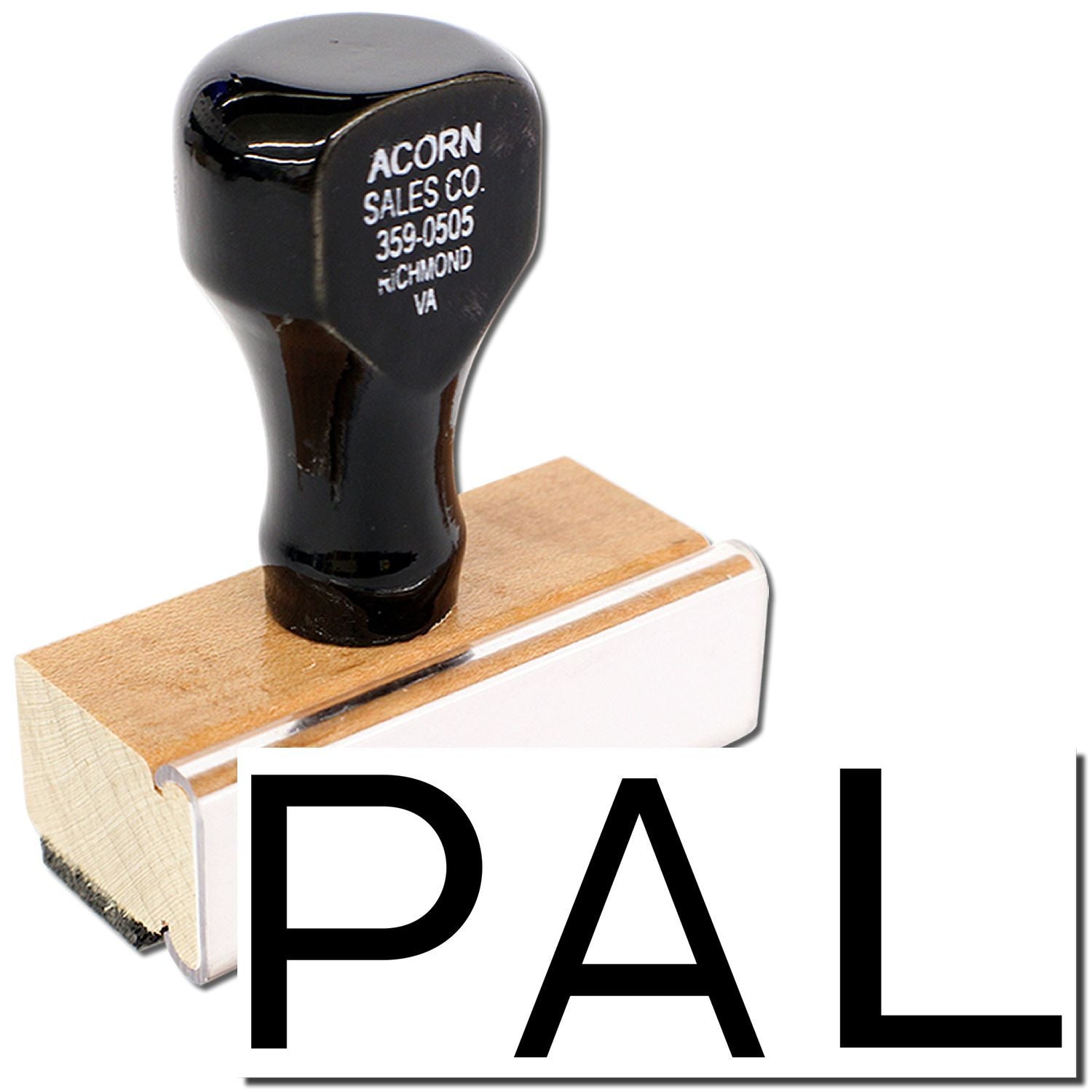 Acorn Sales Co. rubber stamp on wooden block, showing phone numberideal for labeling documents, invoices, and mail.