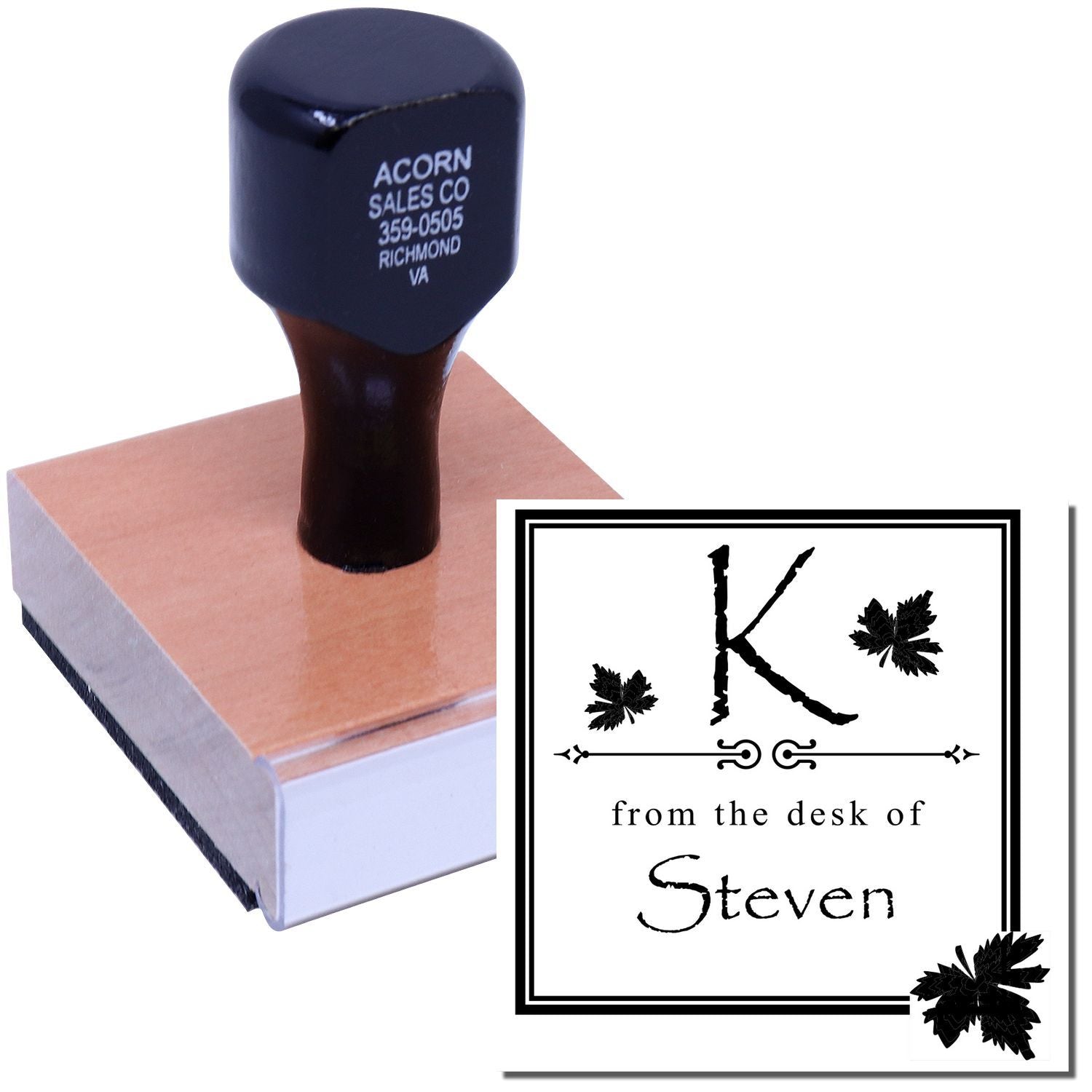 Custom rubber stamp with From the Desk of Steven and letter K, designed for personalized office stationery.