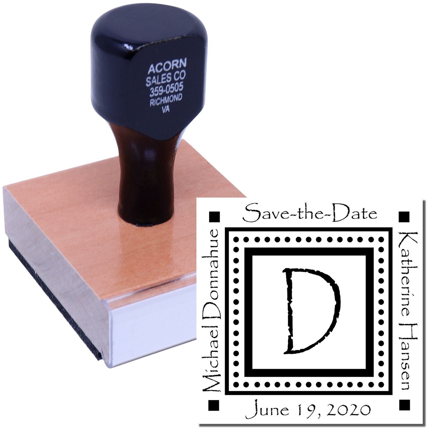 Personalized save-the-date wedding rubber stamp with monogram D, names, and June 19, 2020 date imprint