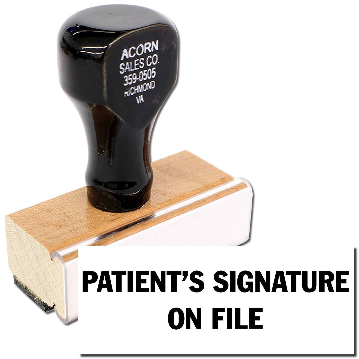 Patients signature on file stamp over a wood ink pad, indicating signed authorization verification document.