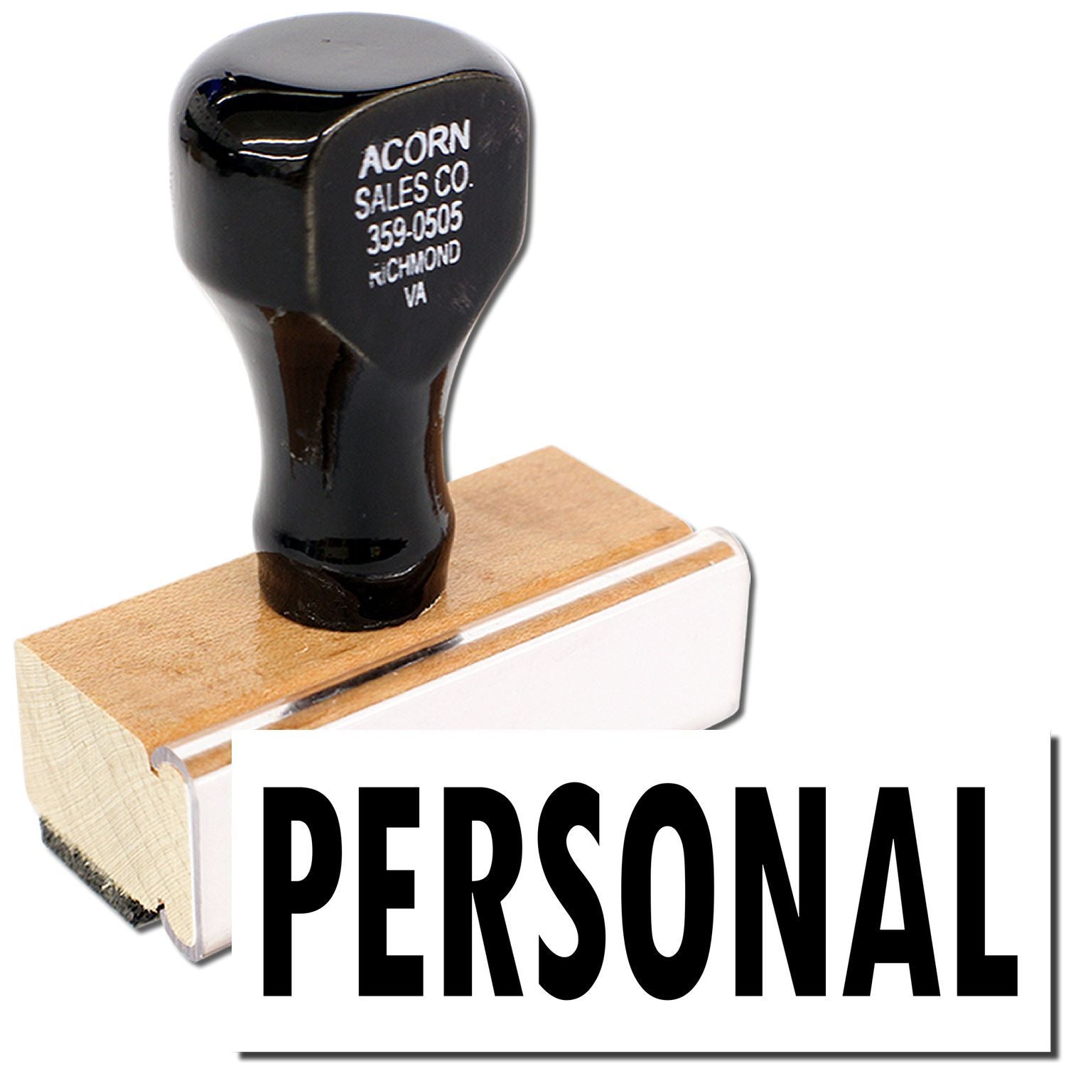 Personal custom rubber stamp with black handle and wooden base for office use