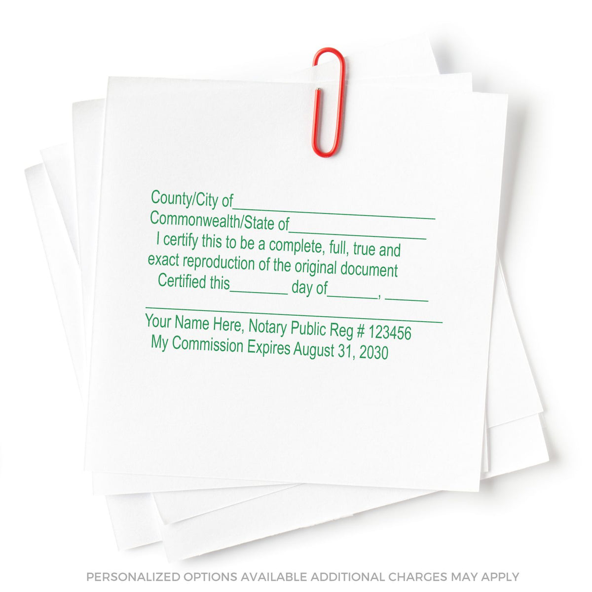 Stack of notary public certificate documents clipped with a red paperclip, showing a customizable official certification form.