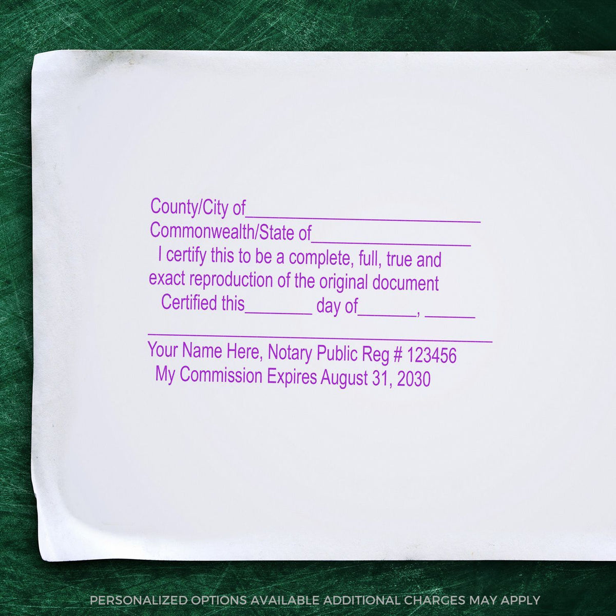 Notary public certificate template with customizable blank fields on white paper, isolated on green background.