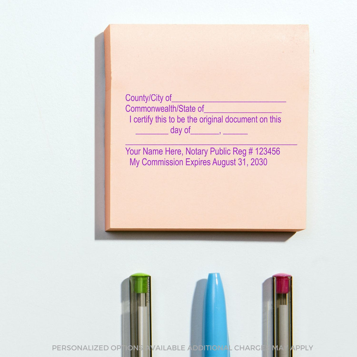 Custom notary public acknowledgment stamp with personalized seal text and pens on a white background