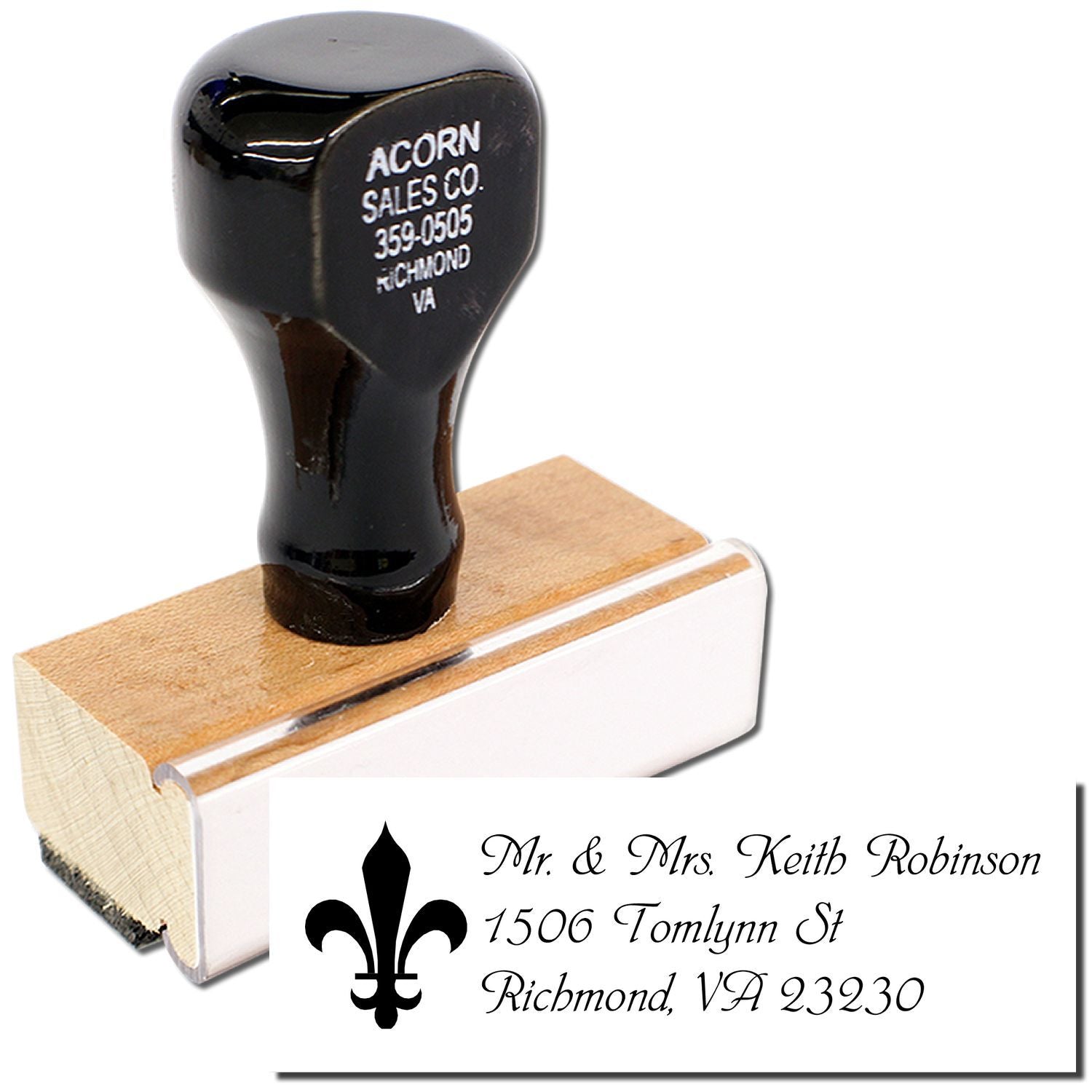 Custom address rubber stamp with fleur-de-lis design for personalized return address labels and wedding invitations.